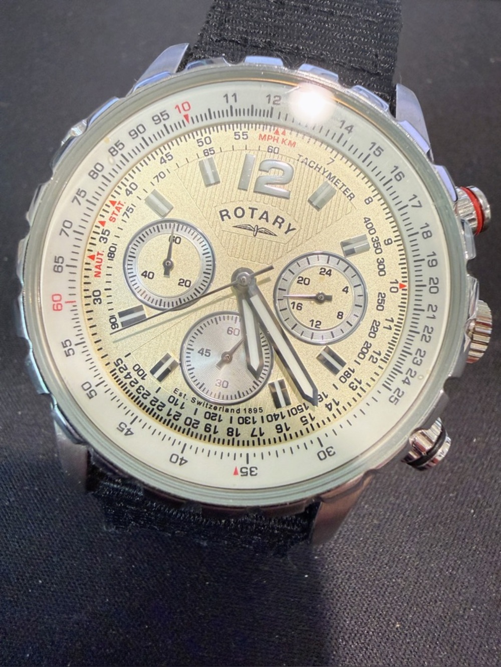 Rotary Watch Tachymeter 42mm Nylon Strap Switzerland GS00120/31 Needs Battery